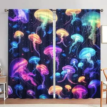 2 шт. Яркие цветные занавески с принтом медуз для домашнего декора - Карманные шторы для окон в спальню, офис, кухню 52.5cmX116cm X 2pcs