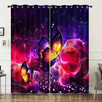 2 шт. Яркие модные бабочки, красные розы, цветочные шторы, оконное оформление для спальни, офиса, кухни, гостиной, кабинета, домашнего декора W50 X H130(CM)X2&Hook