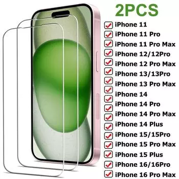 2 шт. закаленное стекло для iPhone 11 12 13 14 15 16 Pro Max 13 Mini защитная пленка для экрана iPhone 16 15 14 Plus защитная стеклянная пленка iphone 11 чистый
