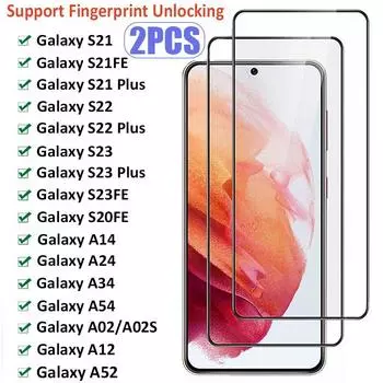 2 шт. закаленное стекло для Samsung Galaxy S21FE S22 S23Plus Защитная пленка для экрана Samsung A14 A54 A34 A24 A02 A12 A52 A32 Стеклянная пленка Galaxy A01 чёрный