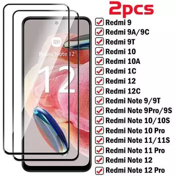 2 шт. закаленное стекло для Xiaomi 13T Redmi 13C 12C 10C 10A 9C 9A Note 13 Pro 5G 12 12S 11 11S 10 10S 9S 9 Pro 4G Poco X5 X6 F5 X3 NFC Защитная пленка для экрана Xiaomi 12T / 12T Pro чёрный
