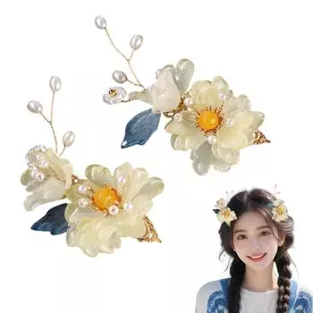 2 шт. Заколка для волос в китайском стиле, классическая элегантная заколка для волос с цветком из стекла для женщин, сказочные аксессуары для волос ханьфу, изысканные заколки