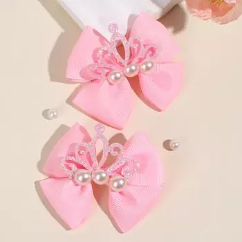 2 шт. Заколки для волос для девочек, Блестящая корона и декор из искусственного жемчуга, Розовые атласные ленты, Зажимы-крокодилы, Аксессуары для волос
