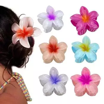 2 шт. Заколки для волос с цветком Сильный коготь Градиент контрастного цвета Плюмерия Противоскользящая фиксация волос Украшение Гладкая поверхность Женский аксессуар для волос белый/синий