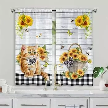 2 шт., занавеска для кухни в деревенском пасторальном стиле с рисунком кота и подсолнуха, занавеска для гостиной в стиле ретро с рисунком под дерево 2x50W130H(CM)40x51in&Hook