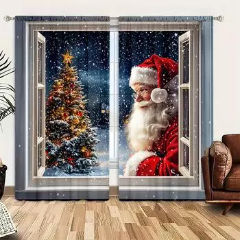 2 шт. занавеска для окна с изображением Санта-Клауса и снега для домашнего декора - оконная отделка с карманом для спальни, офиса, кухни 52.5cmX116cm X 2pcs
