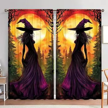 2 шт. занавеска с принтом ведьмы, занавеска с принтом для домашнего декора на Хэллоуин - оконная отделка с карманом для спальни, офиса, кухни 52.5cmX116cm X 2pcs