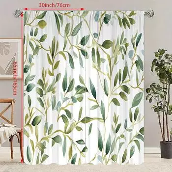 2 шт. - занавеска с принтом зеленых листьев, 100% полиэстер, полупрозрачный материал, подходит для штор в спальне и украшения гостиной. 23Wx59L(60x150cm)