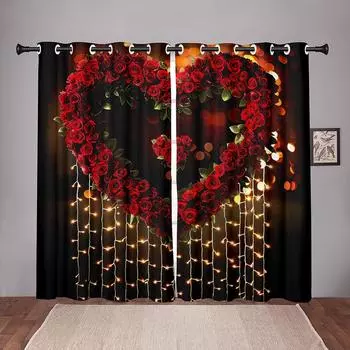 2 шт. занавеска с розами и сердечками ко Дню святого Валентина, красные, романтические, цветочные, золотые, звездные, декор для гостиной, спальни 50W130H(CM)X2PCS&Grommet Top
