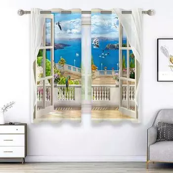 2 шт., занавески для окон с изображением пейзажа, карманные шторы для гостиной, спальни, кабинета, украшения дома, оконная обработка W50H130(CM)x2pcs&HOOK