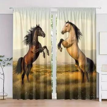 2 шт., занавески на окна в стиле ар-деко с рисунком лошади для гостиной, спальни, HD-печать, устойчивые к выцветанию, полиэстеровые шторы, домашний декор 2x50W130H(CM)40x51in&Hook