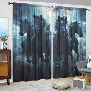 2 шт. занавески с принтом «Черная лошадь» для домашнего декора — оконные карманы с карнизом для спальни, офиса, кухни и гостиной 52.5cmX116cm X 2pcs