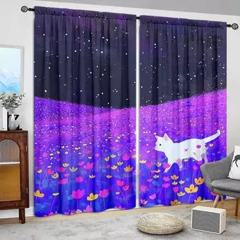 2 шт. занавески с принтом фиолетовых цветов и кошек для домашнего декора - оконные карманы для спальни, офиса, кухни 52.5cmX116cm X 2pcs