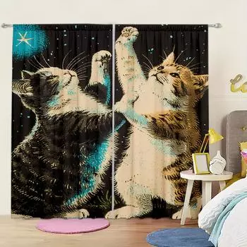 2 шт. занавески с принтом «Кошка резвится» для домашнего декора — оконные карманы с карнизом для спальни, офиса, кухни, гостиной 52.5cmX116cm X 2pcs