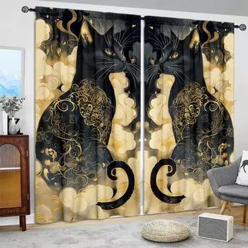 2 шт. занавески с принтом «Муаровый кот» для домашнего декора — оконные карманы с карнизом для спальни, офиса, кухни, гостиной и кабинета 52.5cmX116cm X 2pcs