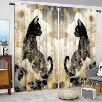2 шт. занавески с принтом «Муаровый кот» для домашнего декора — оконные карманы с карнизом для спальни, офиса, кухни, гостиной и кабинета 52.5cmX116cm X 2pcs