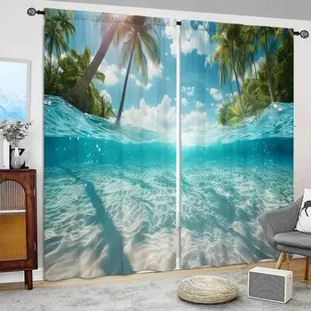 2 шт. занавески с принтом «Океанский пейзаж» для домашнего декора — оконные карманы с карнизом для спальни, офиса, кухни, гостиной и кабинета 52.5cmX116cmX2pcs