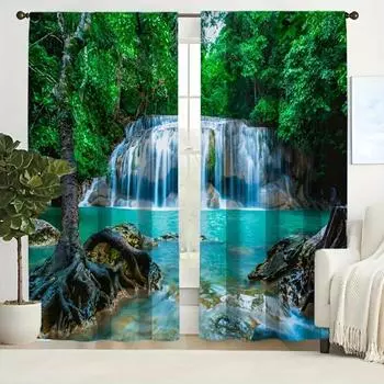 2 шт., занавески с принтом «природа, пейзаж, водопад, птица, журавль», люверсы для верхней занавески для легкой установки в офис, спальню, гостиную 100W130H(CM)40x51in&rod pocket