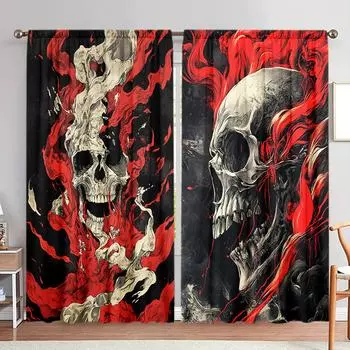 2 шт. занавески с принтом «Призрачный гонщик» для домашнего декора на Хэллоуин — оконные карманы для спальни, офиса, кухни 52.5cmX116cm X 2pcs