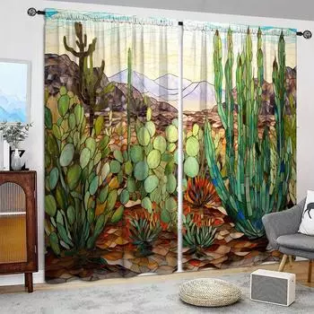 2 шт. занавески с принтом пустынного кактуса для домашнего декора - оконные карманы с карнизом для спальни, офиса, кухни и гостиной 52.5cmX116cm X 2pcs