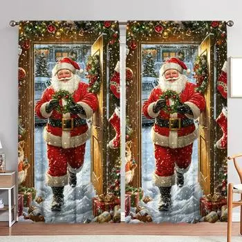 2 шт. занавески с принтом «Санта-Клаус здесь» для рождественского домашнего декора — оконные карманы для спальни, офиса, кухни 52.5cmX116cm X 2pcs