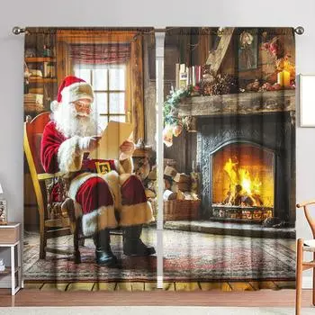 2 шт. занавески с принтом Санта-Клауса для рождественского домашнего декора - оконные карманы с карнизом для спальни, офиса, кухни 52.5cmX116cm X 2pcs