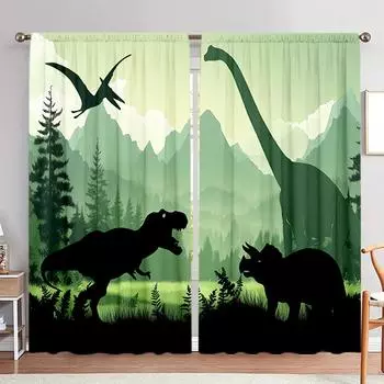 2 шт. занавески с принтом силуэта динозавра для домашнего декора - оконные карманы с карнизом для спальни, офиса, кухни, гостиной 52.5cmX116cm X 2pcs