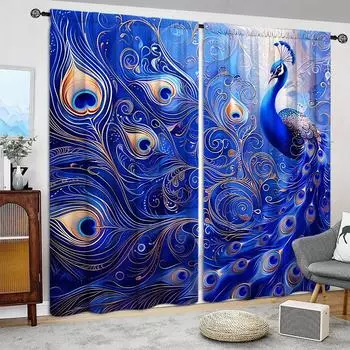 2 шт. занавески с принтом синего павлина для домашнего декора - карниз для окон с карнизом для спальни, офиса, кухни и гостиной 52.5cmX116cm X 2pcs