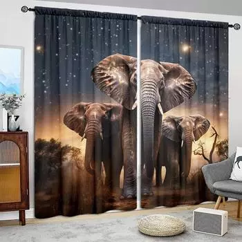 2 шт. занавески с принтом «Слоны под звездным небом» для домашнего декора — оконные карманы с карнизом для спальни, офиса, кухни 52.5cmX116cmX2pcs