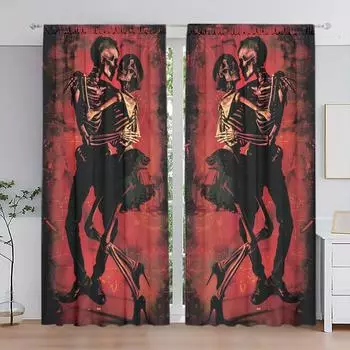 2 шт. занавески с принтом «Танец скелета» для домашнего декора на Хэллоуин — оконные карманы для спальни, офиса, кухни 52.5cmX116cm X 2pcs