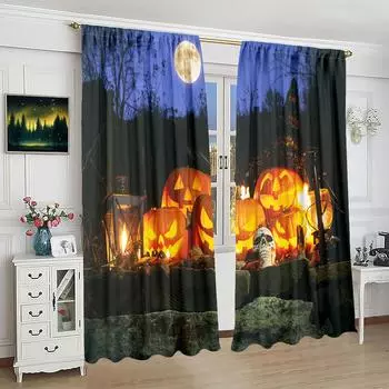 2 шт. занавески с принтом тыквенного фонаря в виде демона на Хэллоуин - материал полиэстер - подходит для спальни, гостиной, кабинета 30inchx65inchx2Pcs