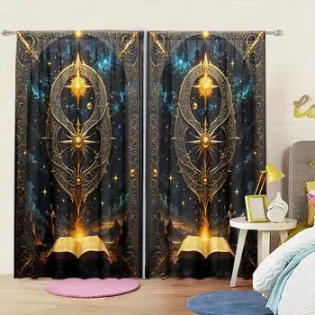 2 шт. занавески с принтом «Волшебная книга» для домашнего декора — оконные карманы с карнизом для спальни, офиса, кухни, гостиной и кабинета 52.5cmX116cm X 2pcs