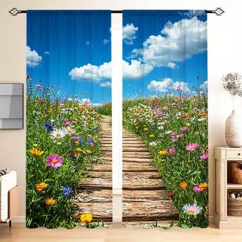 2 шт. занавески с принтом в виде сельской живописной тропы для домашнего декора - оконные карманы с карнизом для спальни, офиса, кухни, гостиной, 52.5cmX116cm X 2pcs