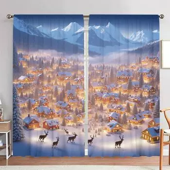 2 шт. занавески с принтом «Зимняя ночь, снежный пейзаж» для рождественского домашнего декора — оконная отделка с карманом для спальни, офиса 52.5cmX116cm X 2pcs