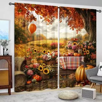 2 шт. занавески с рисунком тыквы для домашнего декора на праздник урожая - оконные карманы с карнизом для спальни, офиса, кухни, 52.5cmX116cm X 2pcs