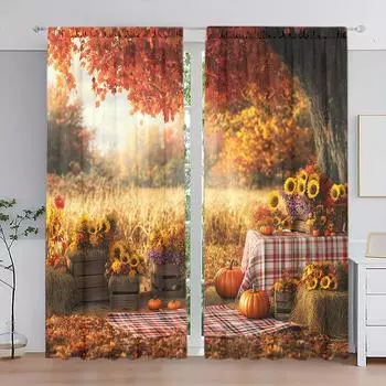 2 шт. занавески с рисунком тыквы для домашнего декора на праздник урожая - оконная отделка с карманом для спальни, офиса, кухни 52.5cmX116cm X 2pcs