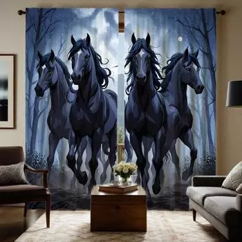 2 шт. занавесок HD с изображением лесной лошади, синие занавески с цифровой печатью, стиль украшения для дома, гостиная, спальня W52H63inchW132H160cm