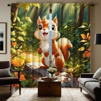 2 шт. занавесок HD Squirrel в лесу, занавески с цифровой печатью Green tie, стиль домашнего декора, гостиная, кровать W52H63inchW132H160cm
