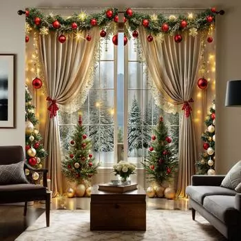 2 шт. занавесок с цифровой печатью HD, имитация ламбрекена, желтые рождественские шары, гирлянды из ротанга, украшение для дома, стиль decorati W52H63inchW132H160cm