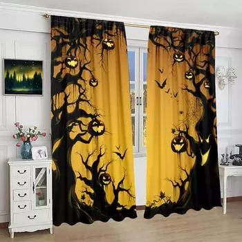 2 шт. занавесок с рисунком в виде демонической тыквы на Хэллоуин - материал полиэстер - подходит для спальни, гостиной, кабинета и т. д. 30inchx65inchx2Pcs