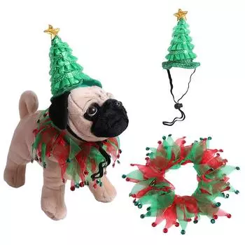 2 шт. Зеленая блестящая шляпа, кошачий воротник-пачка и шляпа, комплект, шляпа эльфа, головной убор для питомца, вечеринка по случаю дня рождения 2pcs set