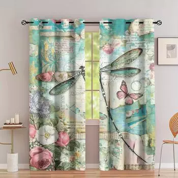 2 шт. Зеленая стрекоза Цветок Цветок Цифровая печать Гостиная Шторы Полублокирующие Шторы Прозрачные Люверсы Верхние Шторы Milled cotton fabric&Grommet Top