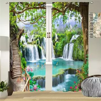 2 шт. Зеленые шторы Wonderland с 3D-цифровой печатью для гостиной, спальни, декор для окон, шторы с водопадом и природным пейзажем 29.5W65H(inch)x2Pcs&Rod Pocket