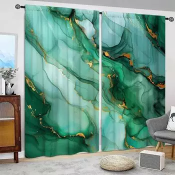 2 шт. Зеленый мраморный акварельный узор с напечатанным узором для домашнего декора - Карманная штора для окон в спальню, офис, кухню, 52.5cmX116cm X 2pcs