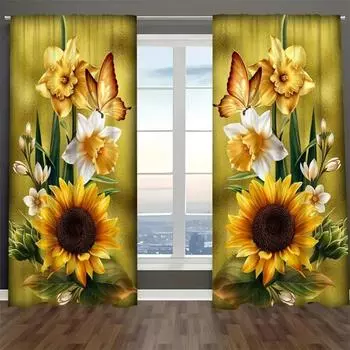 2 шт., желтая занавеска с изображением подсолнуха в виде цветка бабочки, подходит для украшения гостиной, спальни 2x50W160H(CM)40x63in&Hook