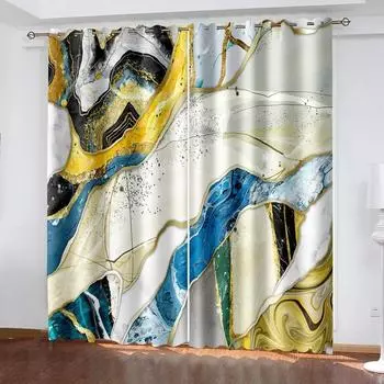 2 шт. Желтые, синие, серые, с золотой каймой, мраморная текстура, напечатанные шторы для спальни, гостиной, кухни, ванной комнаты, ставни на окна, cortinas 100W130H(CM)40x51in&Grommet Top