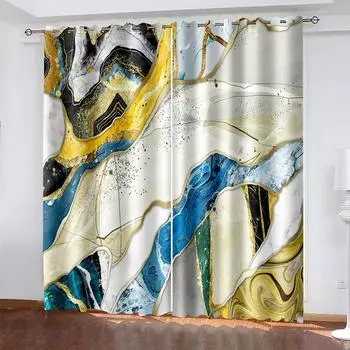 2 шт. Желтые, синие, серые, с золотой каймой, мраморная текстура, напечатанные шторы для спальни, гостиной, кухни, ванной комнаты, ставни на окна, cortinas 100W130H(CM)40x51in&Grommet Top