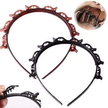 2 шт. Женская повязка на голову с зажимами, двухслойный дизайн, противоскользящая повязка для волос, плетеные обручи для волос, аксессуары для волос 2pcs чёрный