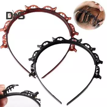 2 шт. Женская повязка на голову с зажимами, двухслойный дизайн, противоскользящая повязка для волос, плетеные обручи для волос, аксессуары для волос 2pcs чёрный