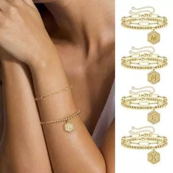 2 шт. женские браслеты полые штифты из нержавеющей стали бусины регулируемые геометрические буквы кулон A